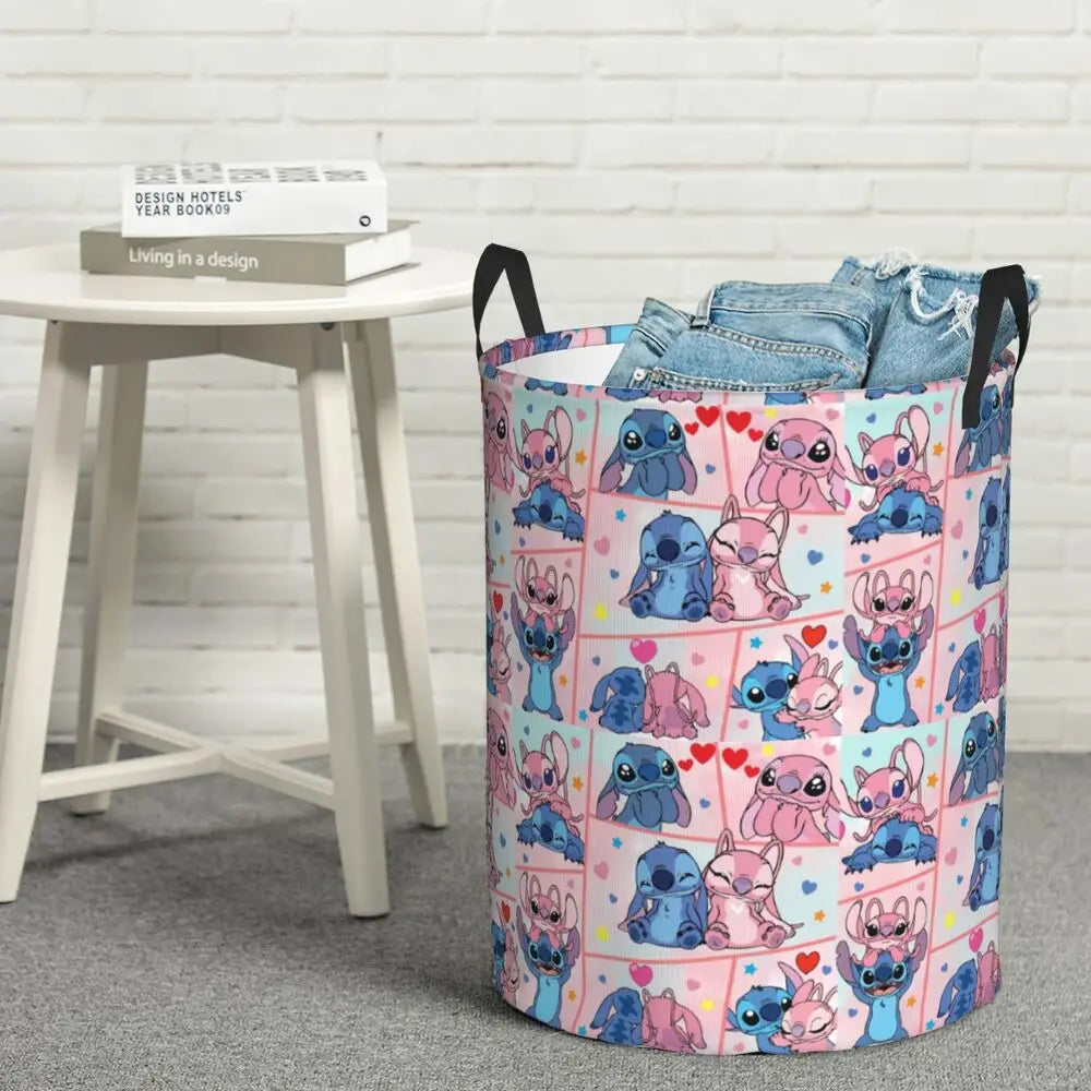Custom Stitch Kiss Angel Love Heart Anime Laundry Hamper Large Clothes Storage Basket Toy Bin Organizer for Boy Girl