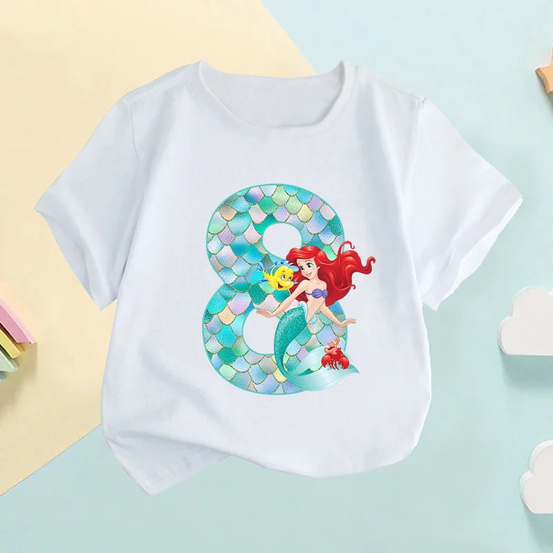 The Little Mermaid Ariel Princess Number Print Girls Clothes 1 2 3 4 5 6 7 8 9 Years Birthday Kids T shirt Baby T-Shirt,HKP2697