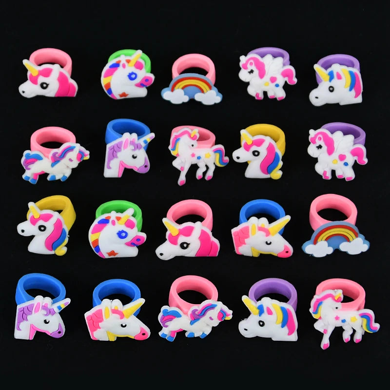 6/10pcs Cartoon Unicorn Butterfly Ring Girls Jewelry Silicone Ring Toys For Kids Unicorn Birthday Party Decor Gifts Filler Prize