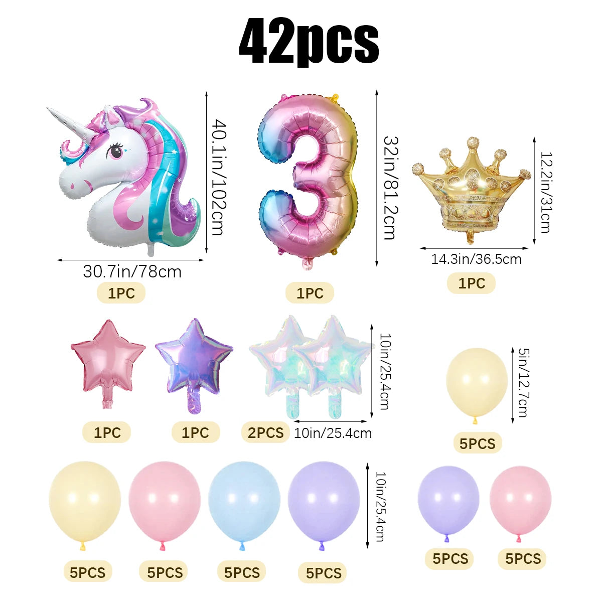 42pcs Unicorn Rainbow Color Numbers 0-9 Mini Crown Aluminum Film Balloon Set Girls Unicorn Theme Birthday Party Decorations