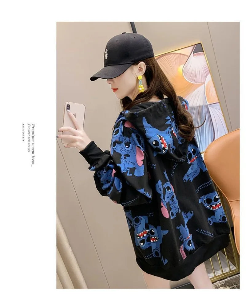 New Lilo and Stitch Hooded Sweatshirt Kawaii Women's Loose Top Thin Design Anime Printed Accessories Cartoon Cardigan Jacket