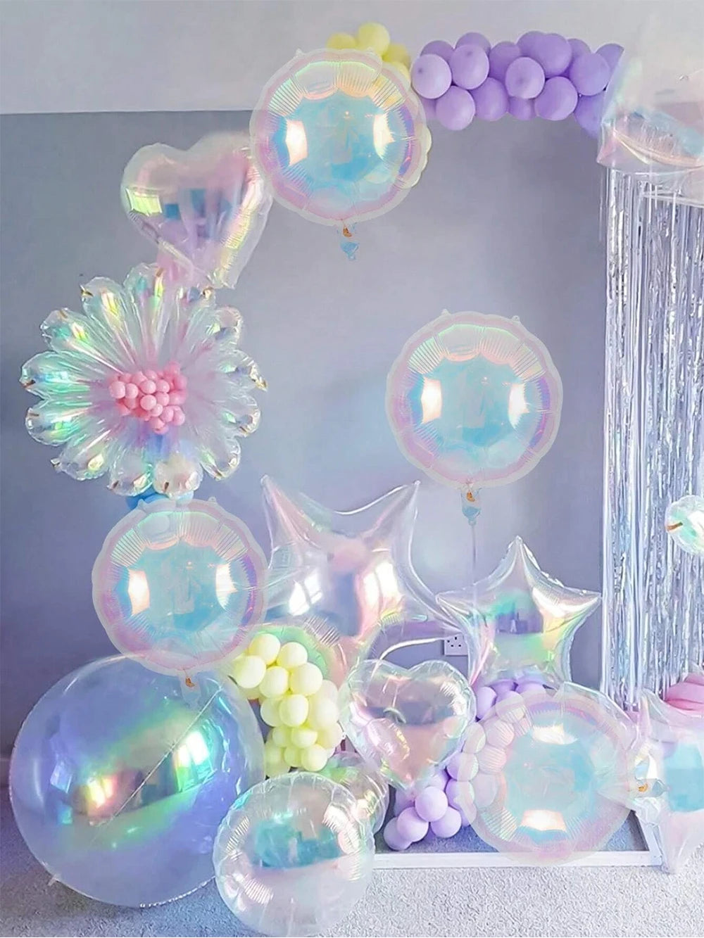 19Inch Foil Star Heart Round Balloons Transparent Iridescent Balloons for Mermaid Theme Birthday Disco Party Wedding Decorations