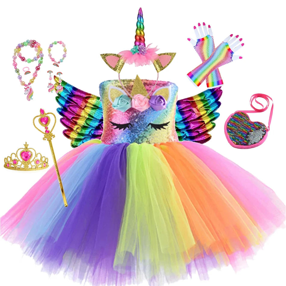 Princess Girls Unicorn Tutu Dress Outfits Pastel Flower Baby Girl Birthday Party Dresses Tulle Kids Halloween Cosplay Costumes