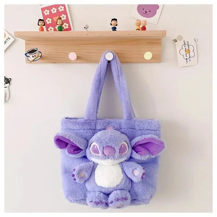 MINISO 2024 New Cartoon Plush Doll Shoulder Bag Sweet and Cute Stitch Strawberry Bear Soft Cute Girls Handbag