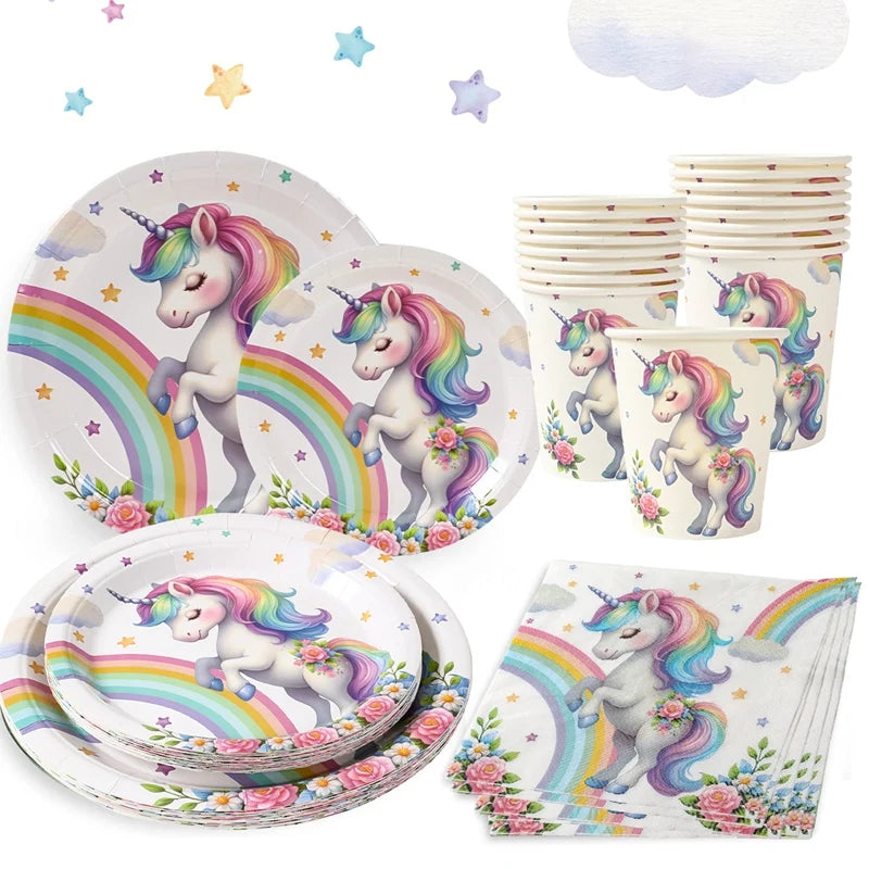 Rainbow Unicorn Disposable Tableware Happy 1st Birthday Party Decorations Kids Unicorn Theme Wedding Baby Shower Girls Supplies
