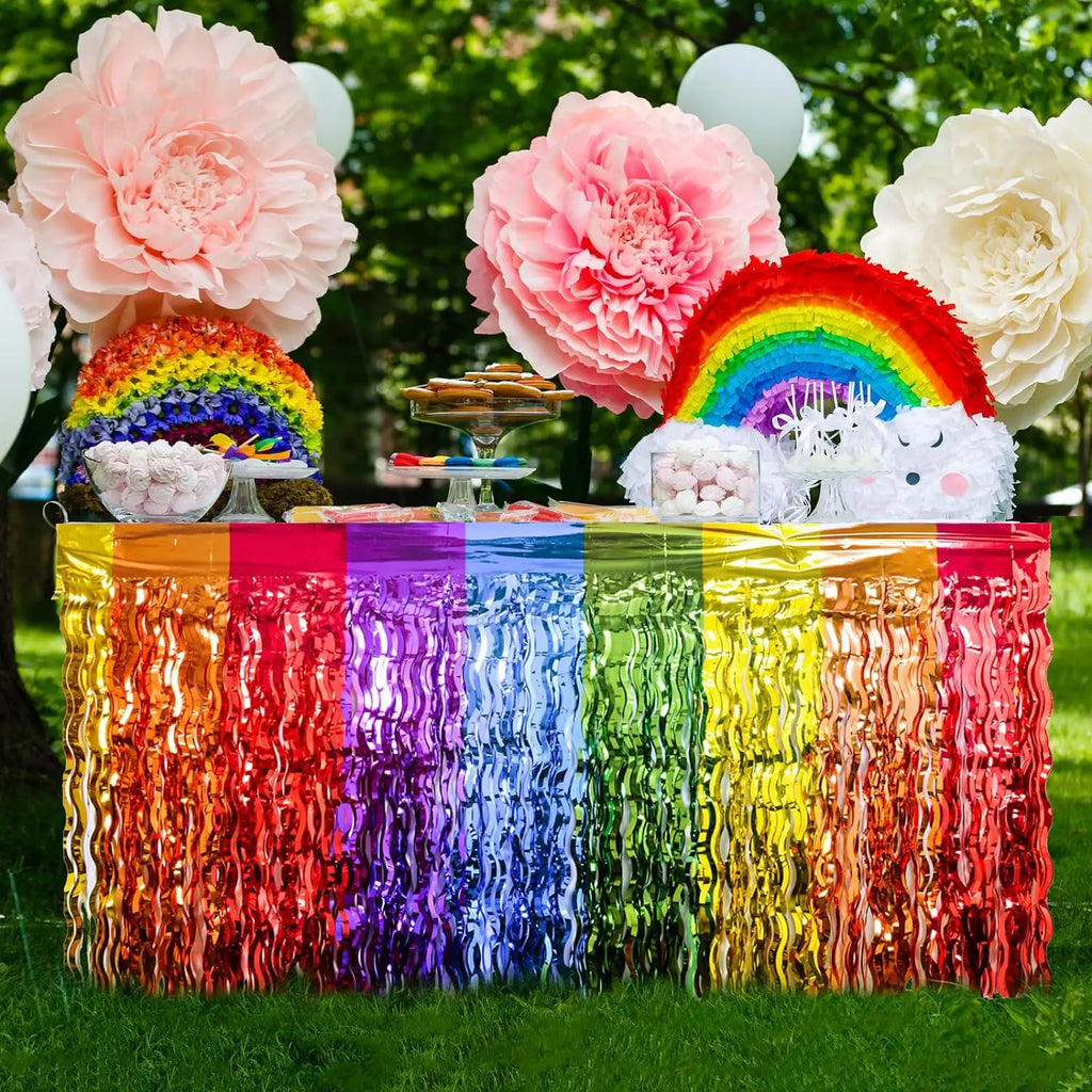 Wavy Metallic Tinsel Foil Fringe Rainbow Table Skirts Table Decors for Birthday Wedding Bridal Shower Unicorn Pride Party Decor
