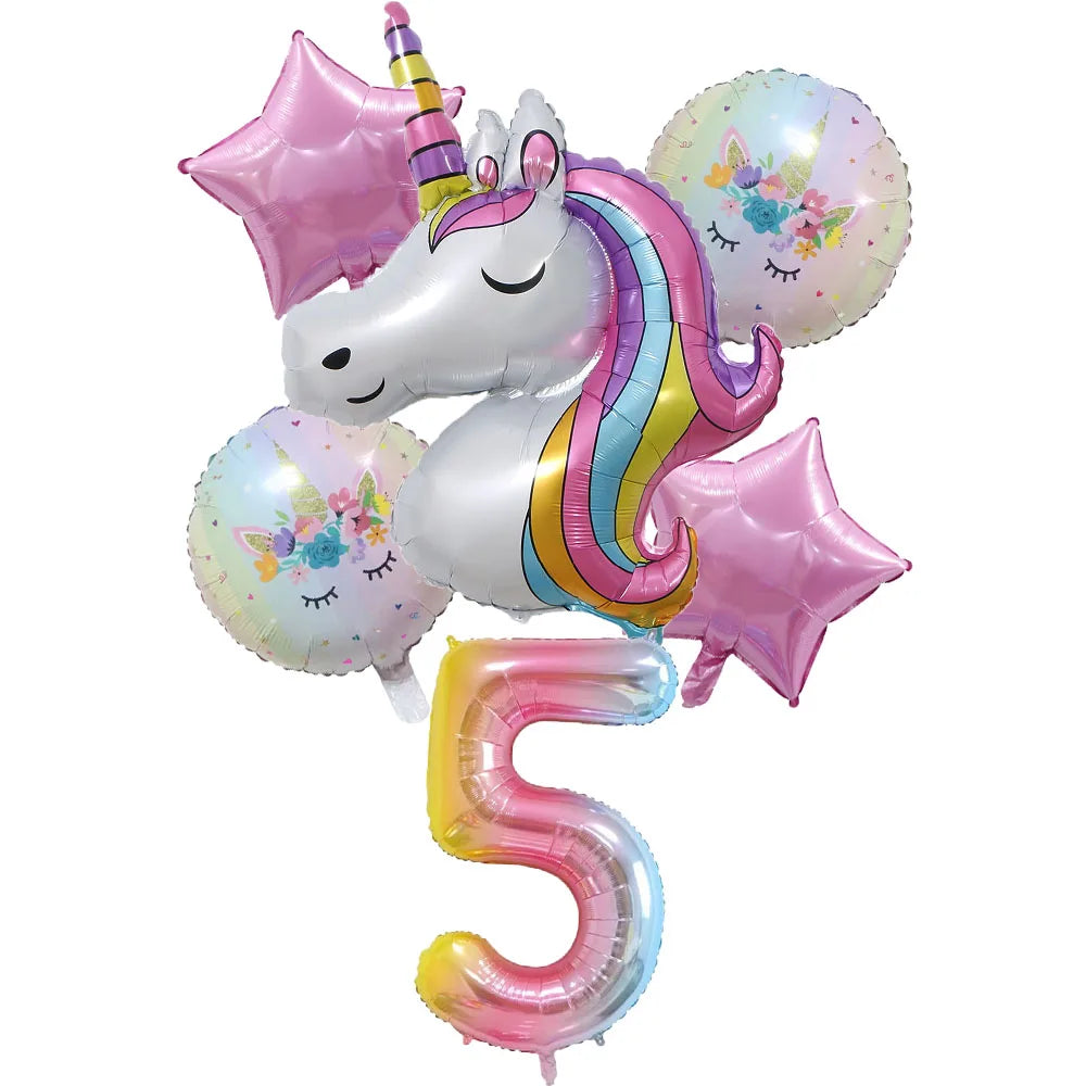 6pcs Rainbow Unicorn Balloon 32 Inch Number Foil Balloons 1st Kids Unicorn Theme Birthday Party Decorations Baby Shower Globos