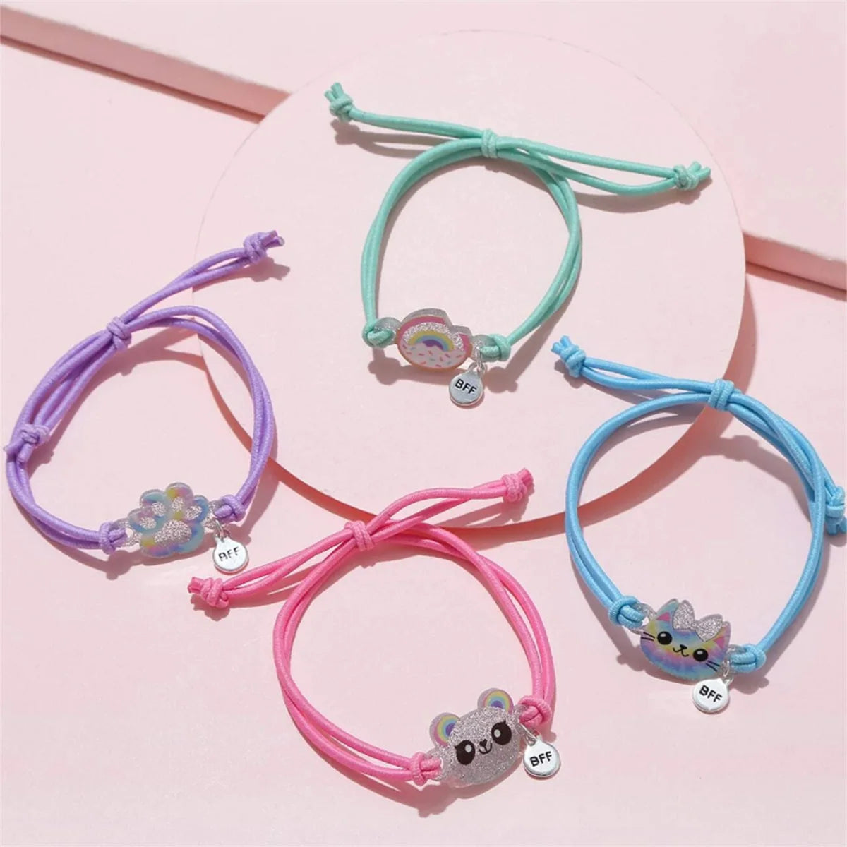 4pcs Kids Elastic Hair Rope Bracelets Set Cute Kitten Bear Donut Design BFF Good Friends Elastic Cord for Children