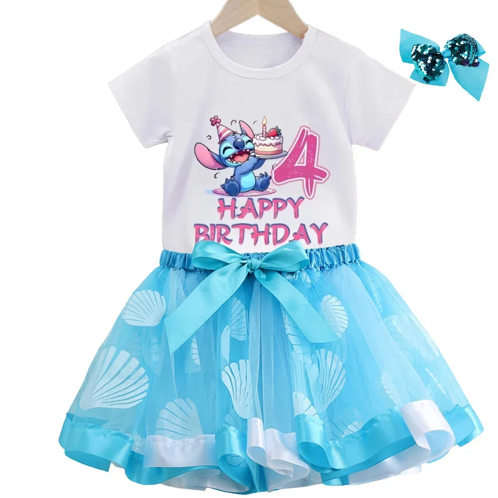 Lilo&Stitch Baby Girls Dress Sets Clothes Kids Cute Number Printed T-shirt+Skirt 2pcs Children Princess Birthday Party Costumes