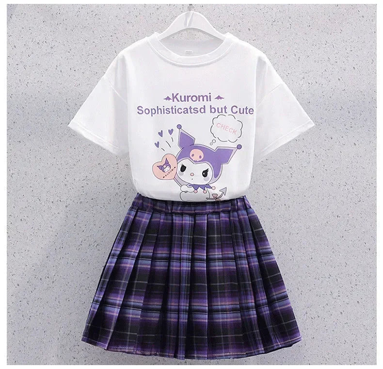 Sanrio Kuromi Kawaii Girls College Style T-shirt Skirt Suit Summer Clothes New Girl Suit Children's Clothes Style Pleated Skirt