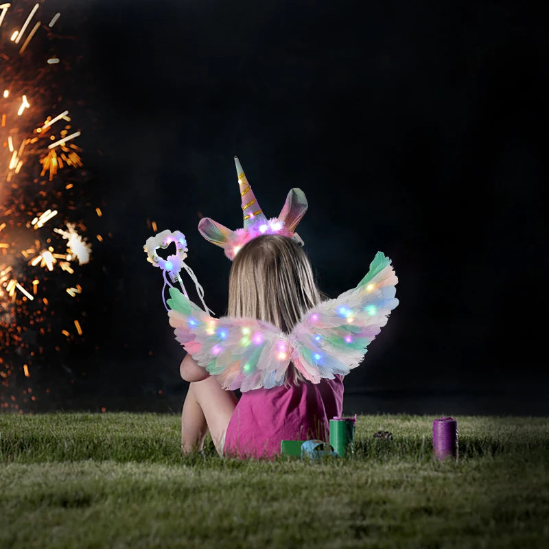 LED Colour Angel Feather Wings Girls Unicorn Halo Headband Fairy Stick Luminous Prop Cosplay Party Costume Glowing Accessories