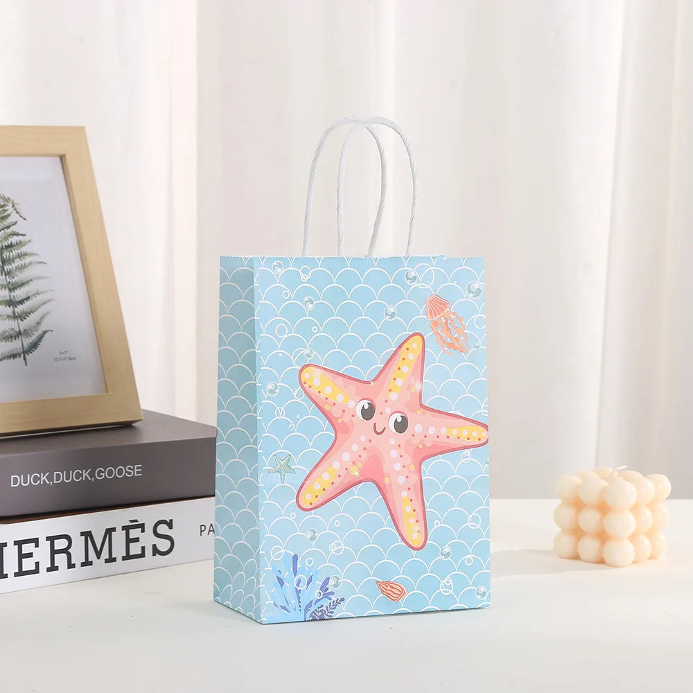 6Pcs Cartoon Ocean Theme Paper Gift Packing Bags Mermaid Shell Candy Cookie Bag for Girl Birthday Baby Shower Party Decoration