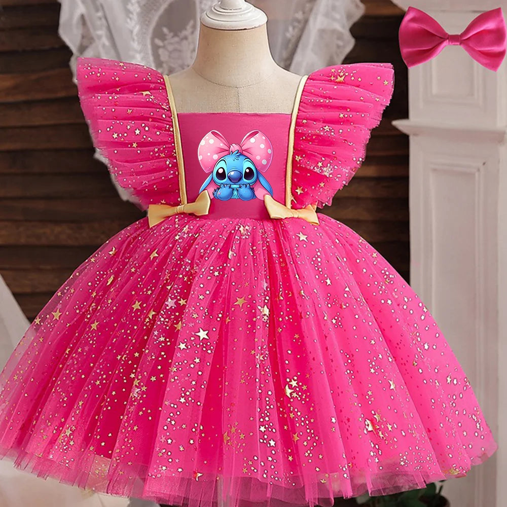 Lilo Stitch Princess Dress for Girls Sequined Star Ruffle Bow Tutu Gown Baby Formal Gala Prom Gown Kids Evening Party Costume