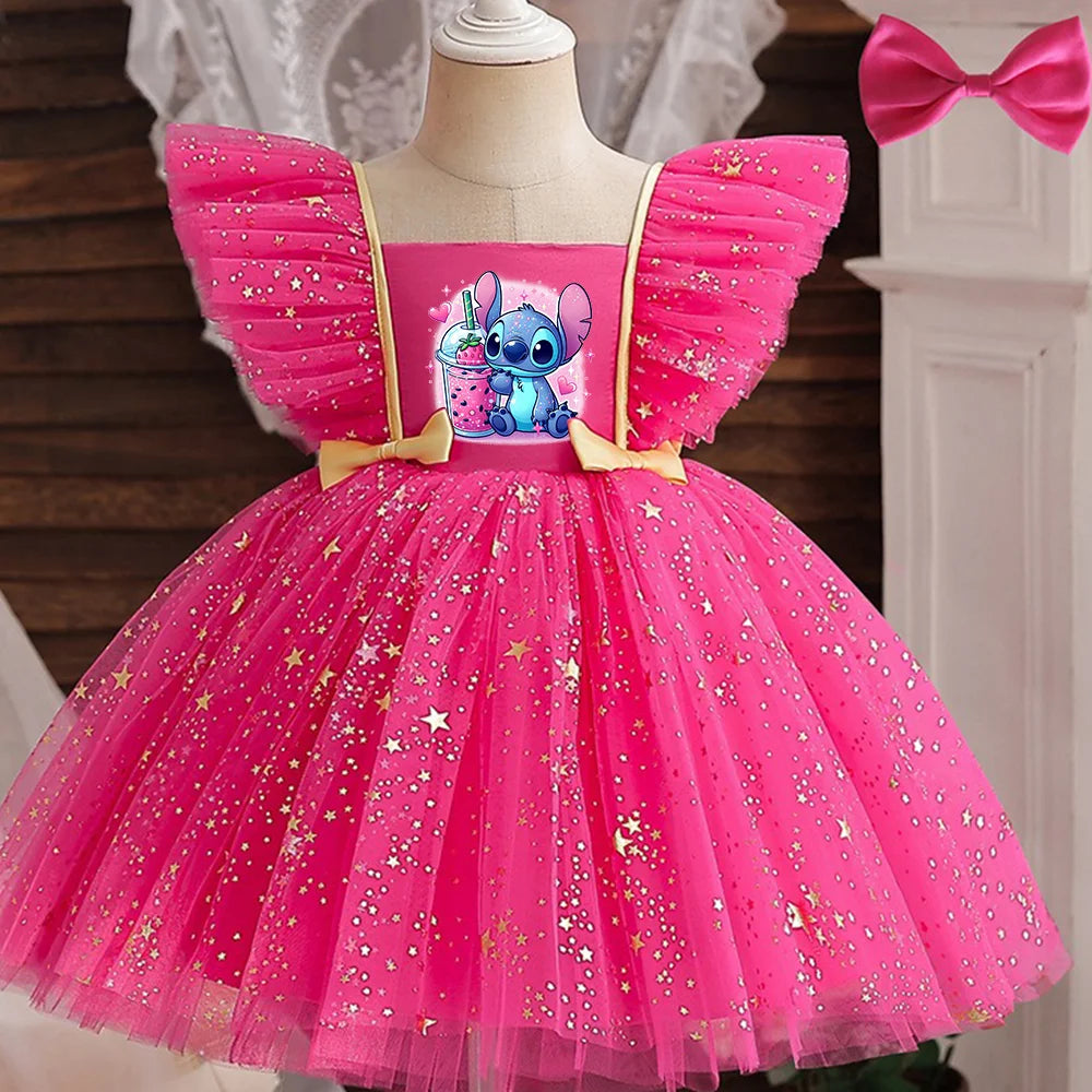 Lilo Stitch Princess Dress for Girls Sequined Star Ruffle Bow Tutu Gown Baby Formal Gala Prom Gown Kids Evening Party Costume