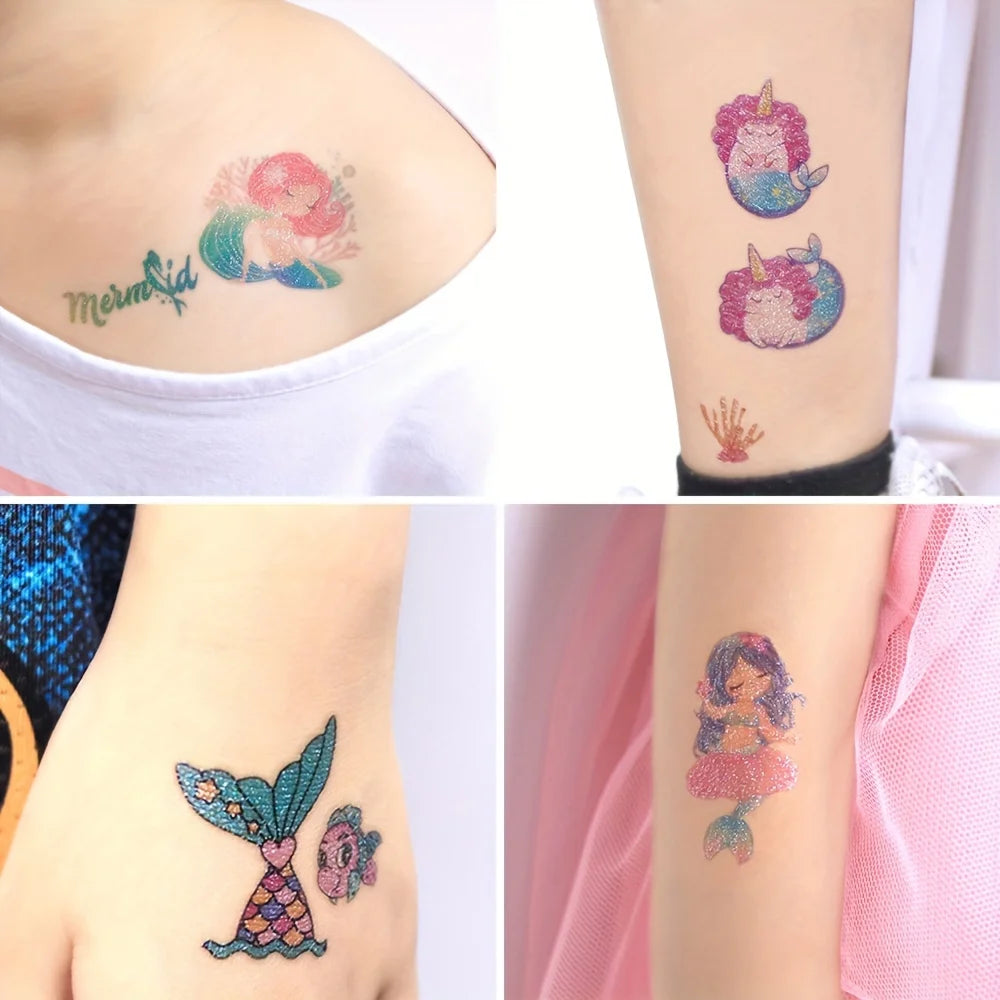 12 Sheets Glitter Mermaid Tattoo Stickers For Kids Cute Unicorn Temporary Tattoos Body Art Fake Tattoo Birthday Party Favors