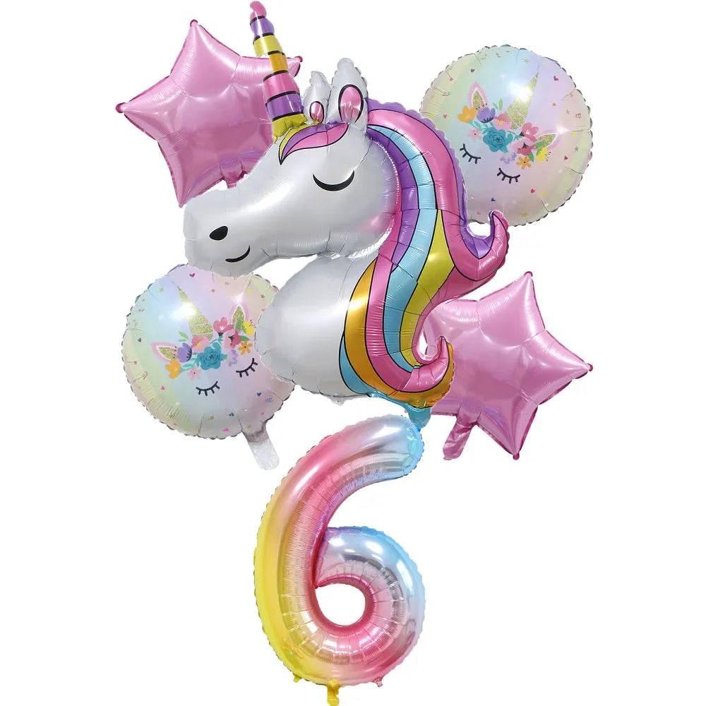 6pcs Rainbow Unicorn Balloon 32 Inch Number Foil Balloons 1st Kids Unicorn Theme Birthday Party Decorations Baby Shower Globos
