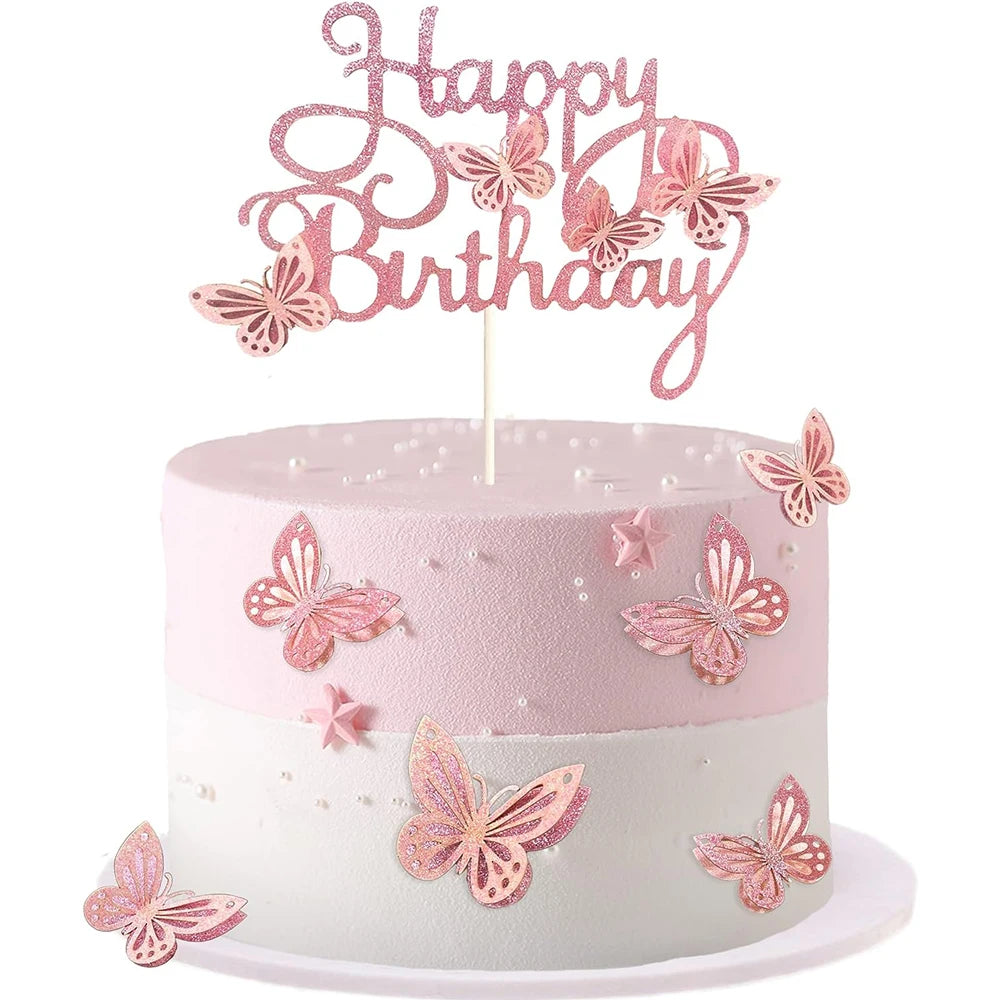 13pcs Pink Butterfly Cake Toppers Happy Birthday Cake Topper 3D Butterfly Decorations for Girls Shower Birthday Cake Decorations