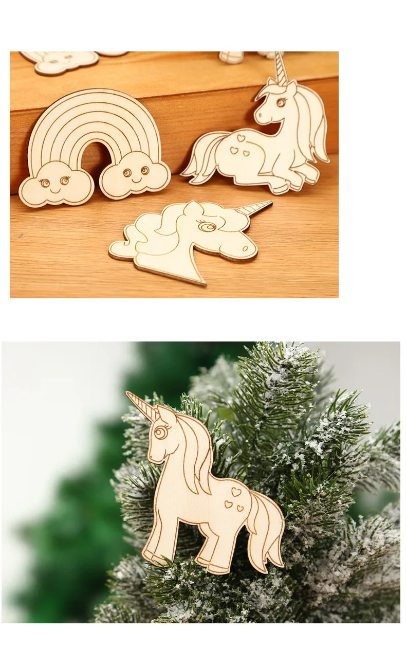 10pcs/set Unicorn Wooden Crafts DIY Painting Wood Slices Hanging Ornaments For Birthday Party Decoration Kids Gift Home Supplies