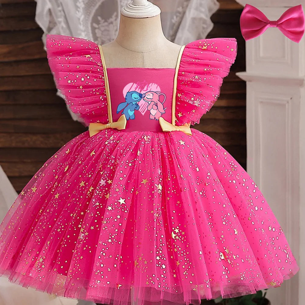 Lilo Stitch Princess Dress for Girls Sequined Star Ruffle Bow Tutu Gown Baby Formal Gala Prom Gown Kids Evening Party Costume