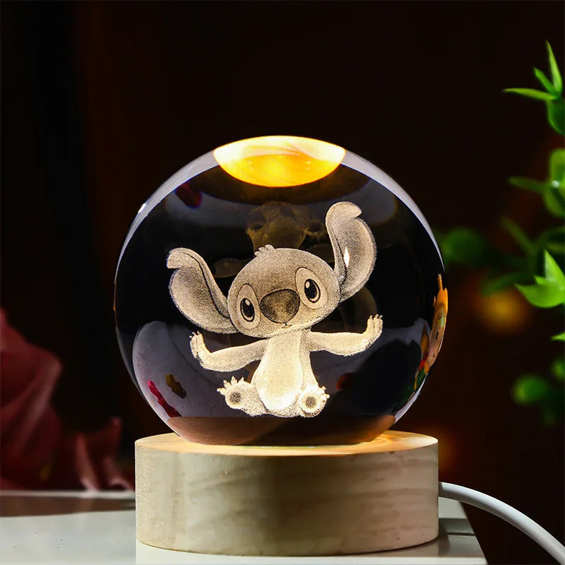 3D Crystal Ball Stitch Pikachu Kuromi Princess Hello Kitty Crystal Mini Night Lamp Desk Decoration Boy Girl Gifts