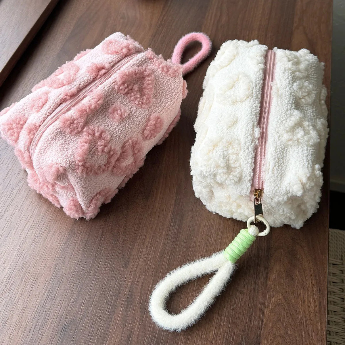Plush Makeup Bags with Handle Soft Travel Cosmetic Storage Bag Portable Love Print Organizer Pencil Case Cute Clutch Pouch