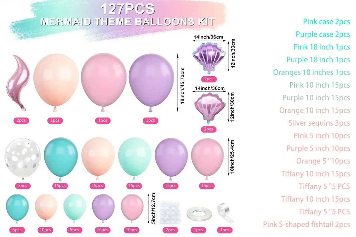 127pcs Mermaid Balloon Arch Set, Pink Purple Orange Blue Dot Balloon Ocean Theme Mermaid Princess Birthday Party Decoration