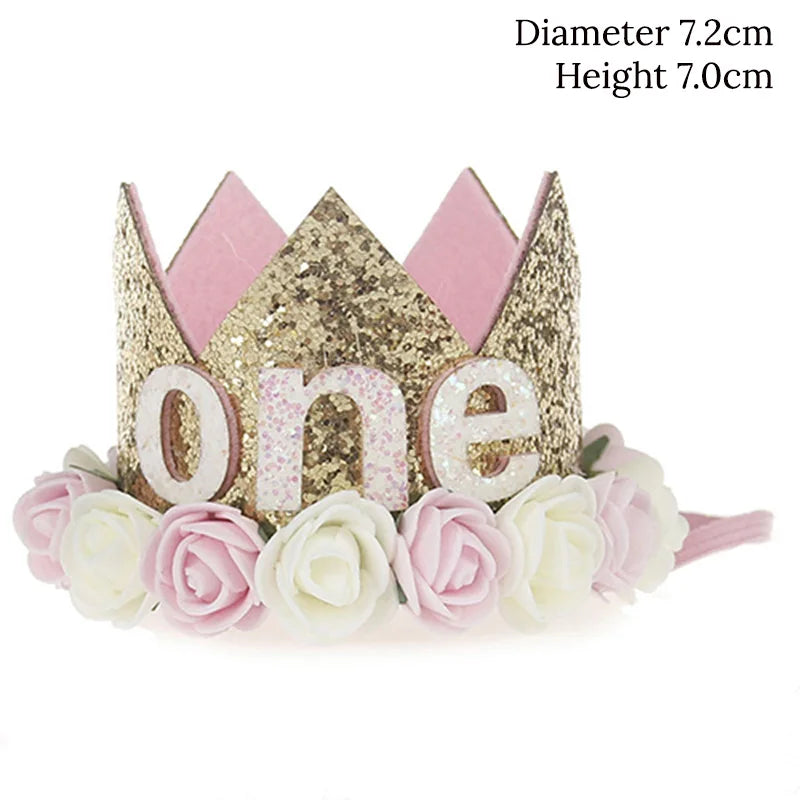 Baby Birthday Decoration Girl 1 2 3 Years Crown Hat Pink White Flower Sequins Crown 1st birthday Photo Prop Happy Birthday Gifts