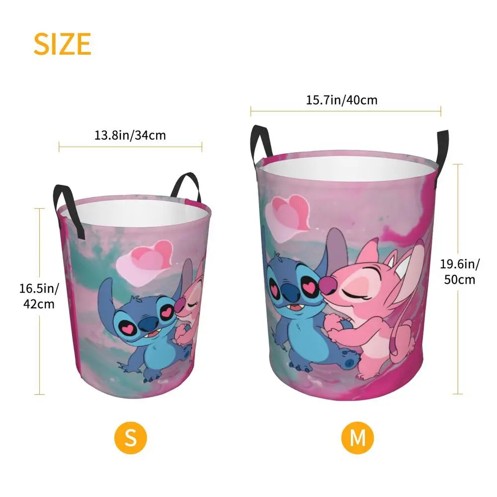 Custom Stitch Kiss Angel Love Heart Anime Laundry Hamper Large Clothes Storage Basket Toy Bin Organizer for Boy Girl