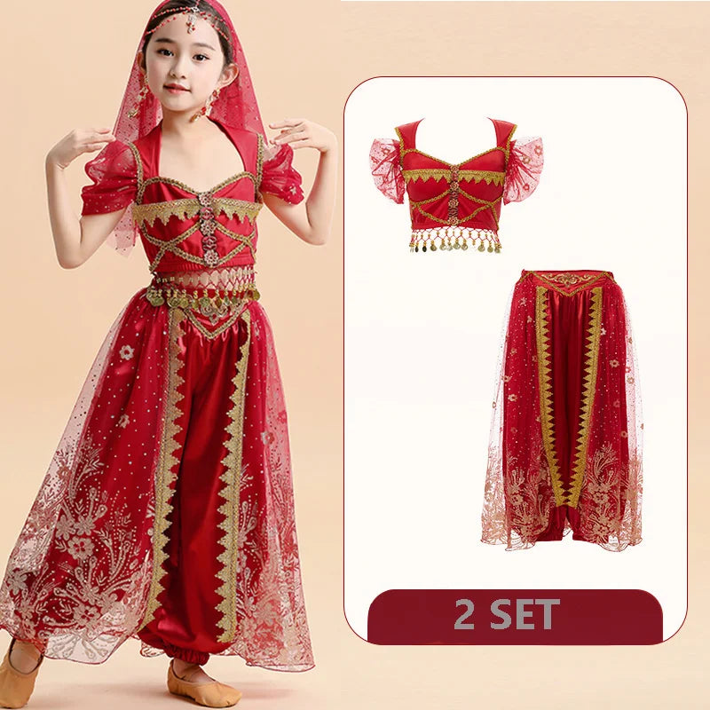  Kids India Princess Belly Dance Set Oriental Indian Dance Sari Girl Performance Costume Bollywood Children Stage Outfit