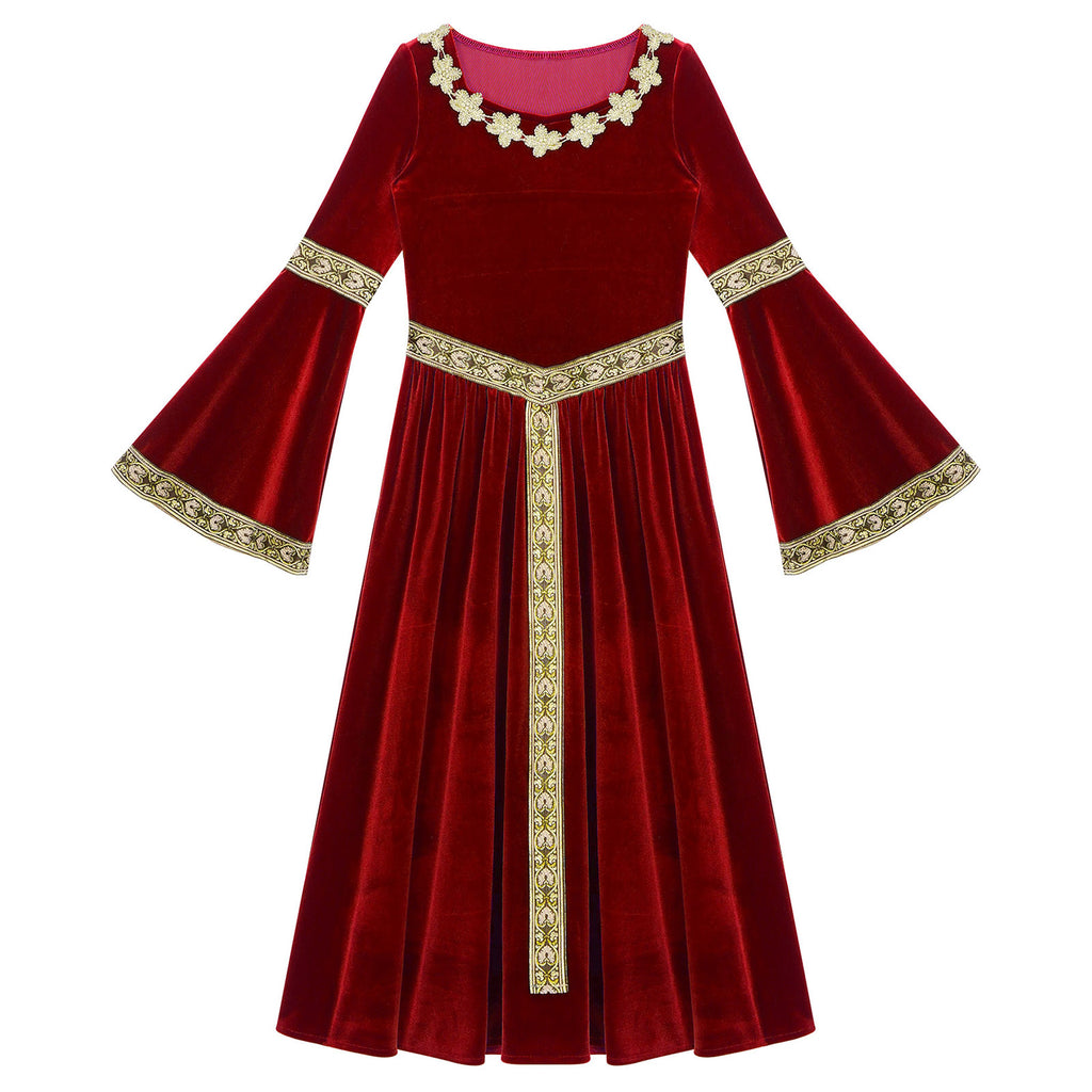 Kids Girls Medieval Renaissance Princess Costume Velvet Long Flare Sleeve Vintage Dress Gown Carnival Party Cosplay Dress Up