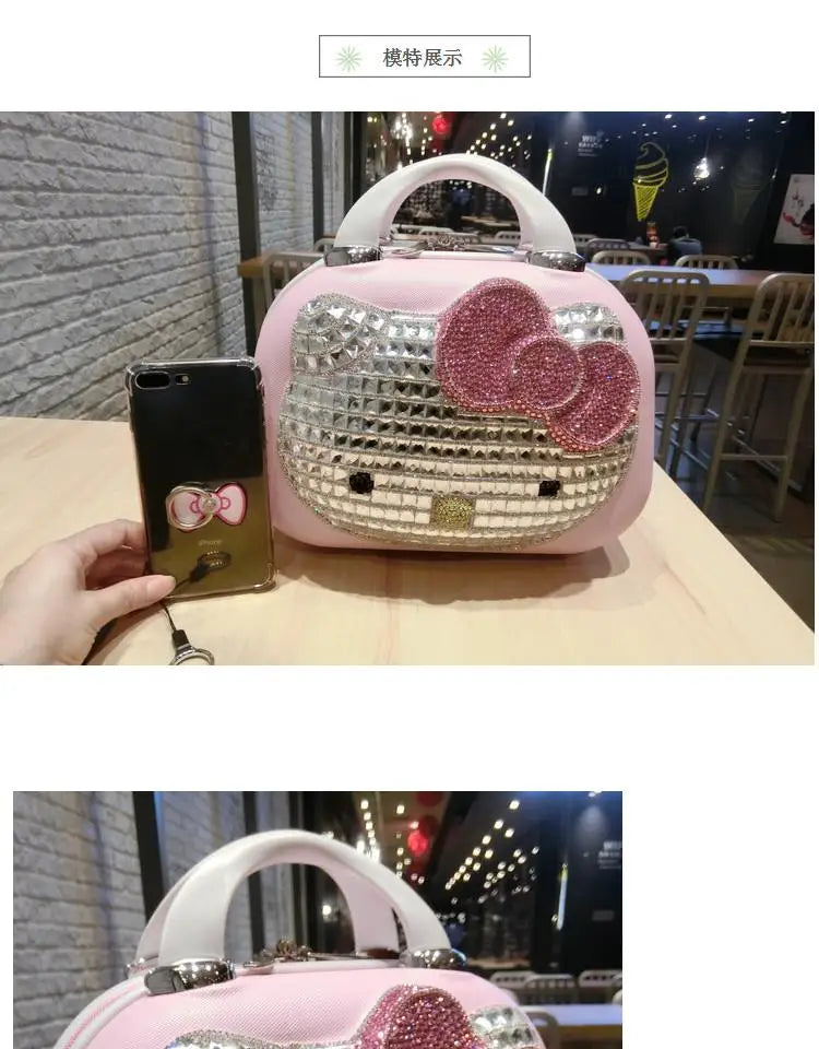 Kawaii 14 Inches Hello Kitty Cosmetic Case Sanrioed Anime Suitcase High Capacity with Lock Storage Bag Girl High End Gift Travel