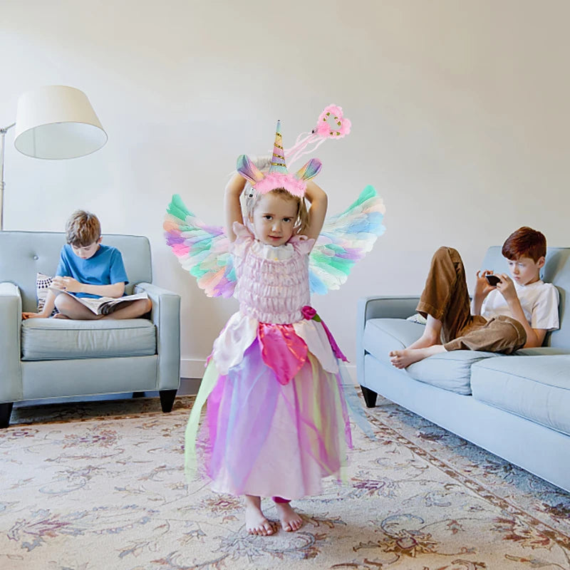 LED Colour Angel Feather Wings Girls Unicorn Halo Headband Fairy Stick Luminous Prop Cosplay Party Costume Glowing Accessories