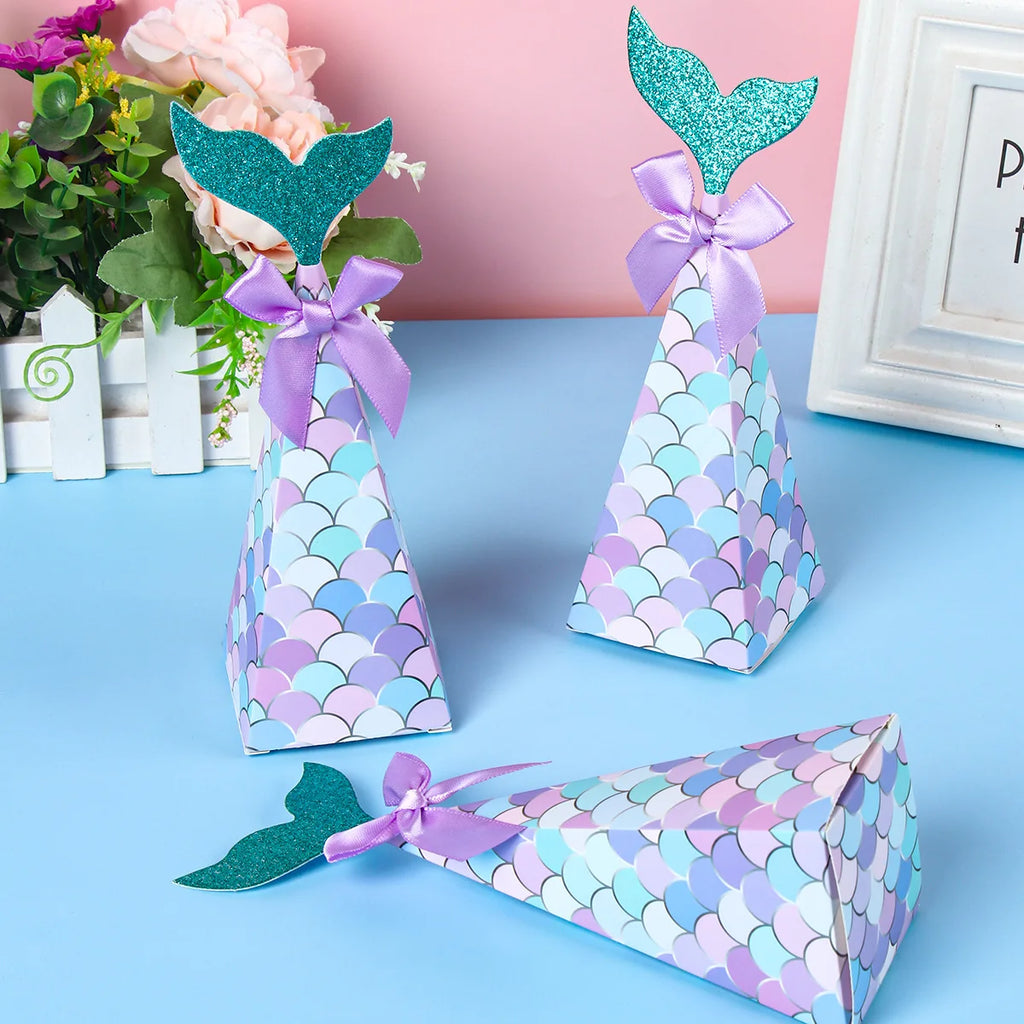 50PCMermaid Tail Candy Box Festival Gift Packaging Paper Bag Popcorn Boxes Kids Little Favors Mermaid Birthday Party Decorations