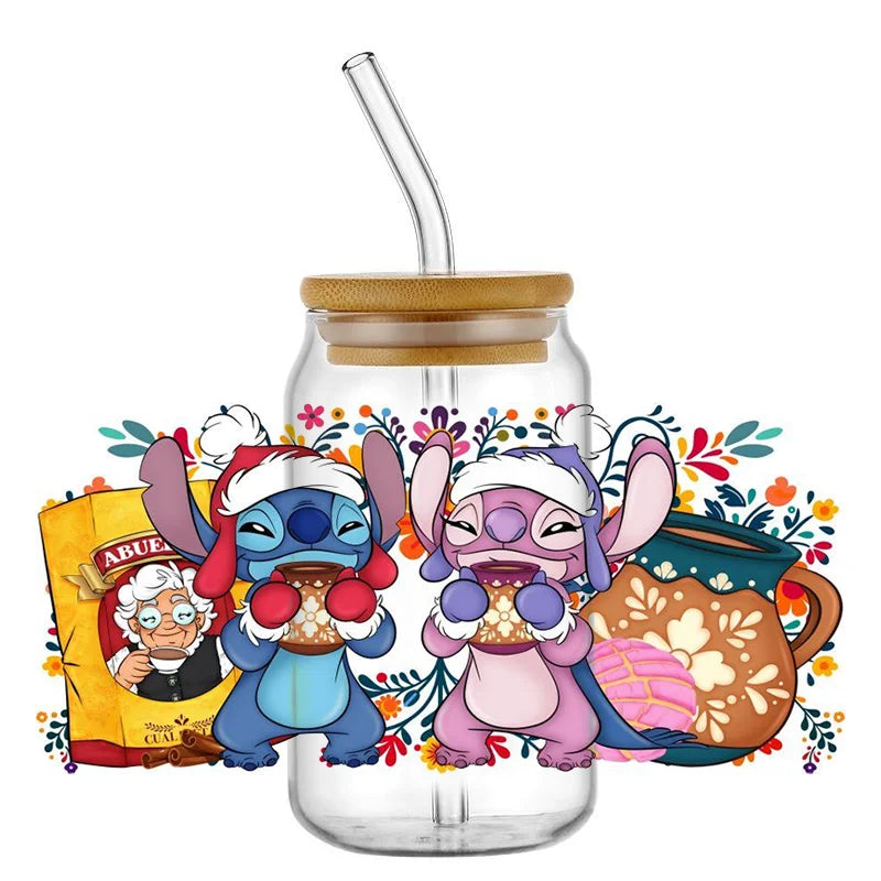 Miniso Stitch 16oz UV DTF Cup Wrap Cartoon Transfers Libbey Wrap Tumbler DIY Logo Sticker Glass Can Selfadhesive Waterproof
