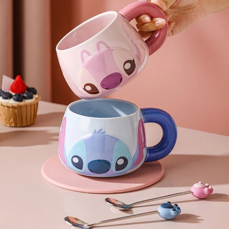 Kawaii Stitch Angel Mug Gift Box Cartoon Spoon Ceramic Cup Coffee Cup Large Capacity 500Ml Handle Water Cup Birthday Gift