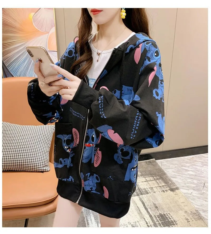 New Lilo and Stitch Hooded Sweatshirt Kawaii Women's Loose Top Thin Design Anime Printed Accessories Cartoon Cardigan Jacket