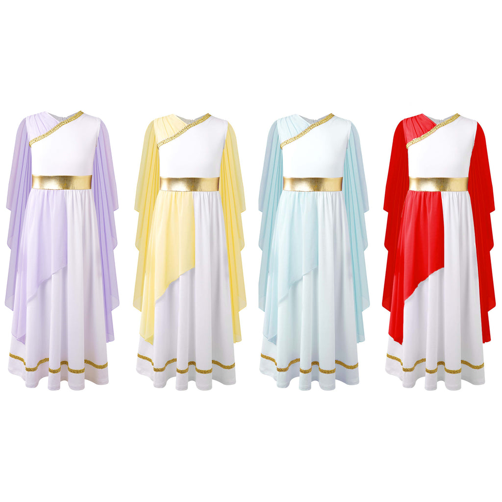 Kids Girls Ancient Greek Princess Toga Goddesses Costume Party Grecian Sleeveless Gown Dress Shawls Patchwork Flowy Tulle Dress