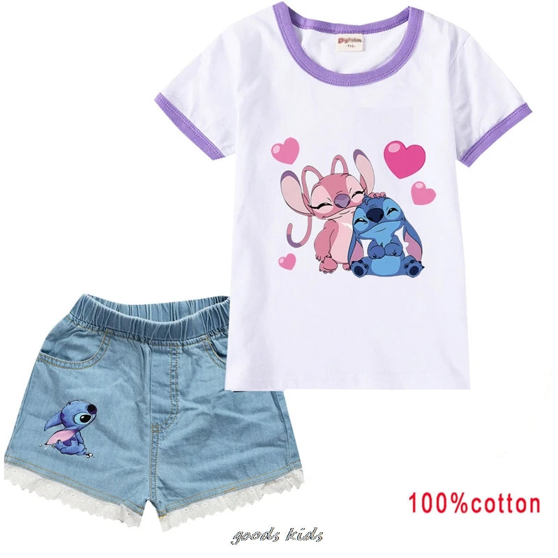 Lilo And Stitch Summer Kids Clothes Toddler Girls Casual Outfits Girl Costume Boys Tshirts+Denim Shorts Suits