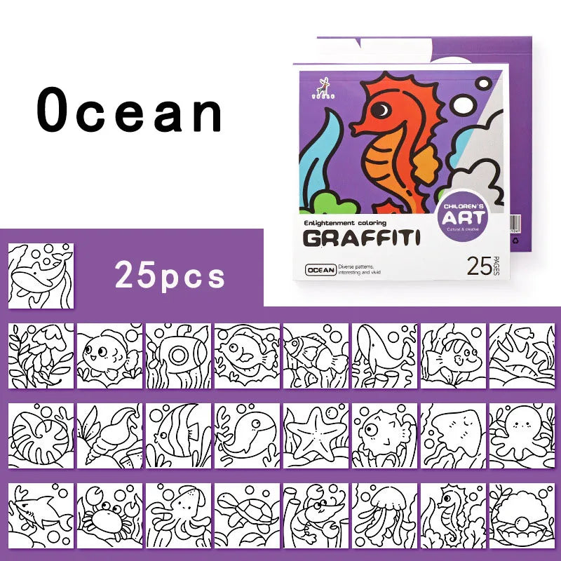 Cartoon convenient coloring book, 25 mini watercolor coloring books, painting album note coloring book
