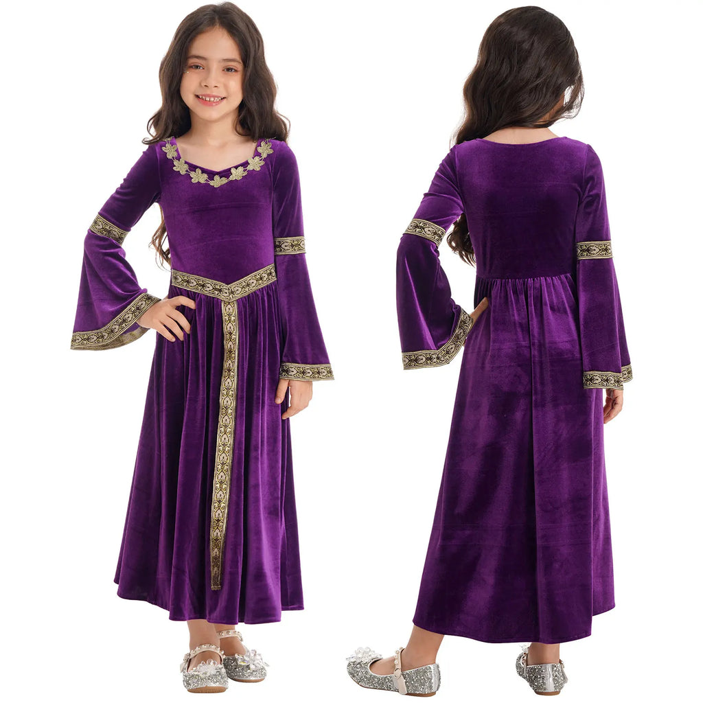 Kids Girls Medieval Renaissance Princess Costume Velvet Long Flare Sleeve Vintage Dress Gown Carnival Party Cosplay Dress Up