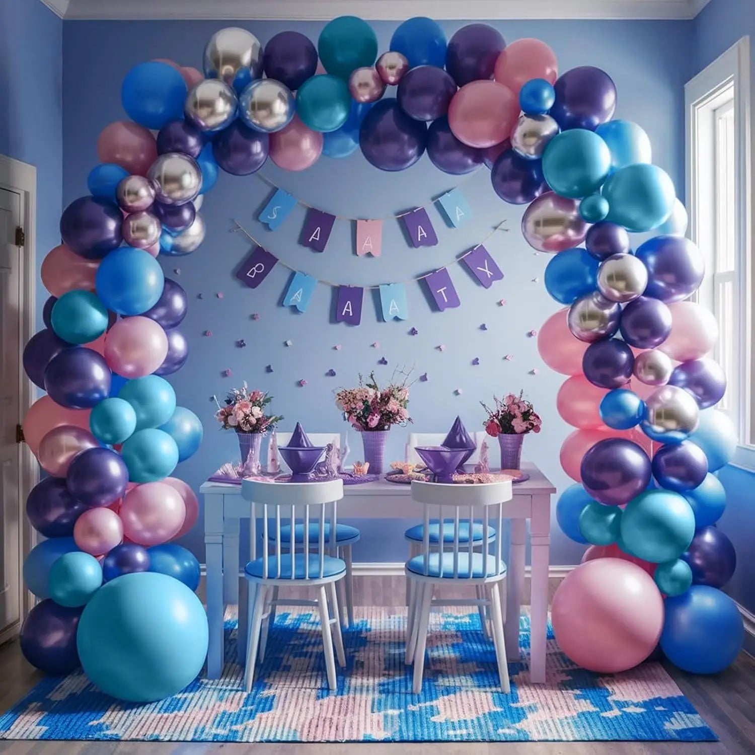 115pcs Purple Pink Blue Metallic Silver Balloon Arch Garland Kit for Birthday Decorations, Party Indoor and Outdoor Decorations