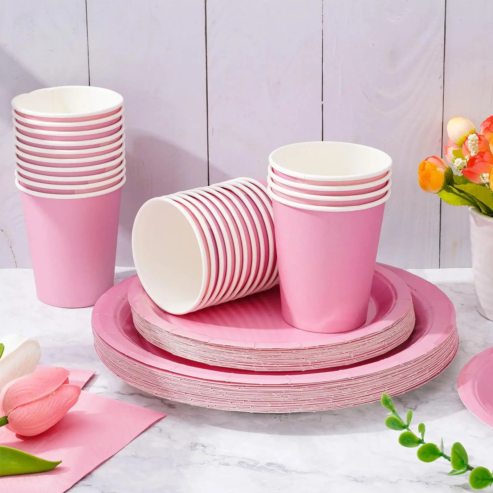 Solid Color Party Set Light Pink Tableware Paper Cup Paper Plate Tablecloth Wedding Birthday Bride Party Supplies Decorations