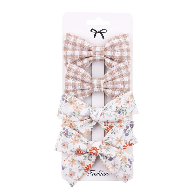 4Pcs/set Floral Print Hair Bow Clips Baby Girls Lace Cotton Linen BB Barrettes Safety Hairpins Korea Kids Headwear Accessories