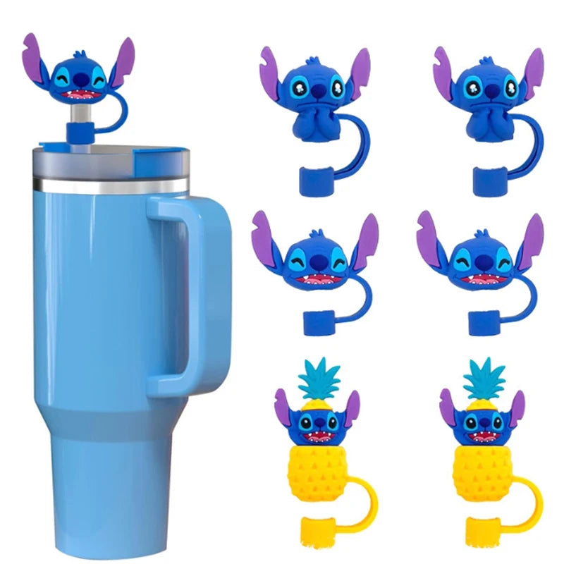 MINISO 10mm Straw Cap Stitch Kawaii Cute Student Anime Cartoon Cups Straw Sleeves Dust Plug Decorations Toys Boys Girls Gifts