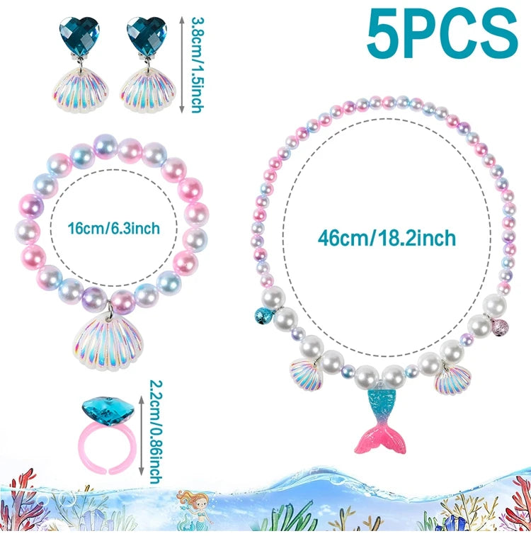 5Pcs/set Girl Princess Mermaid Shell Charm Necklace Bracelet Jewelry Set for Daughter Niece Children Favor Birthday Party Favor