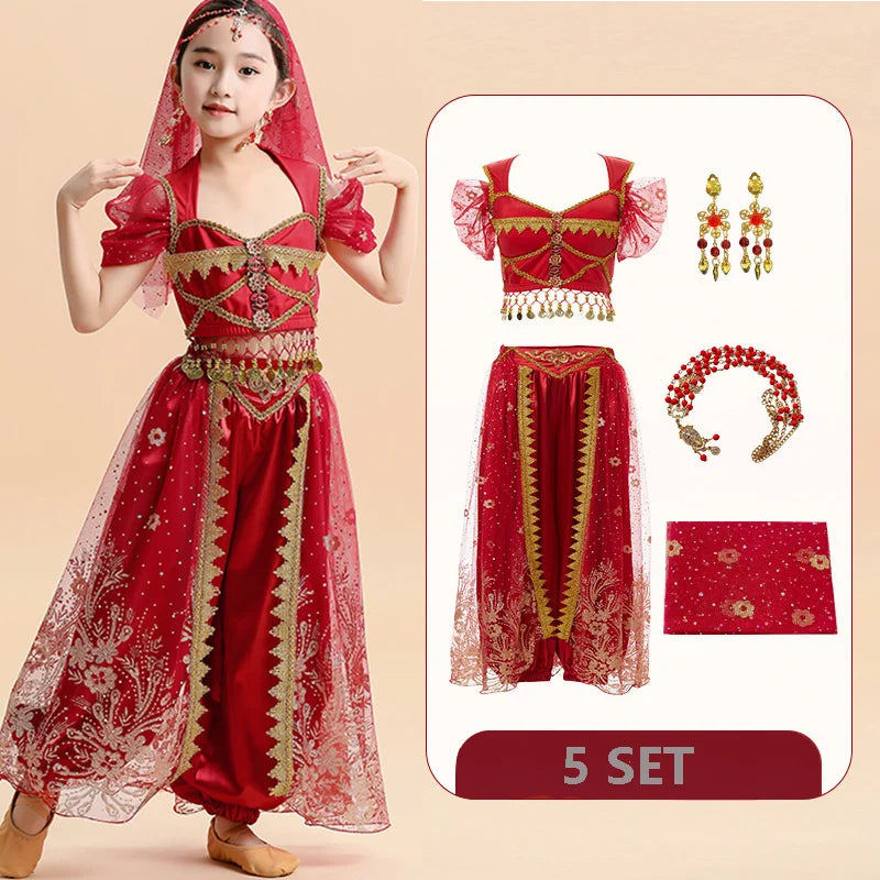  Kids India Princess Belly Dance Set Oriental Indian Dance Sari Girl Performance Costume Bollywood Children Stage Outfit