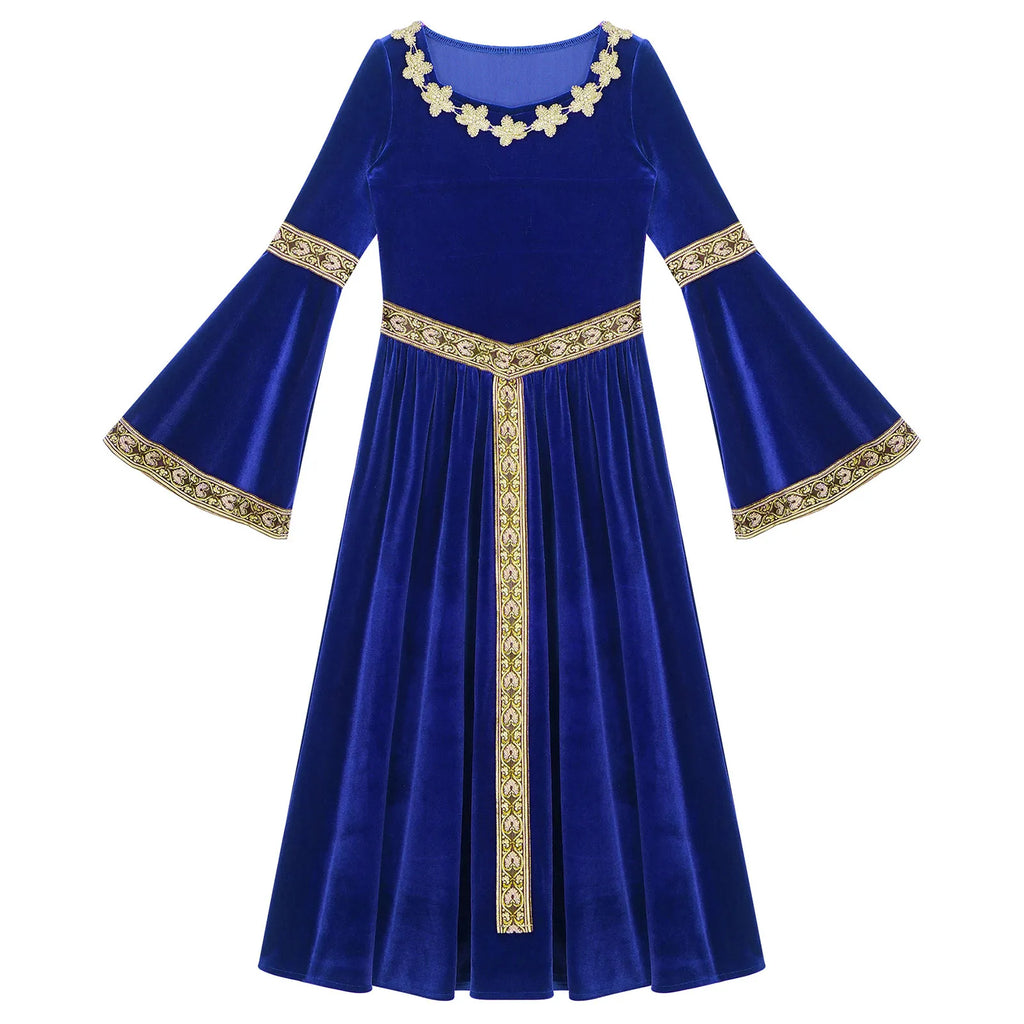 Kids Girls Medieval Renaissance Princess Costume Velvet Long Flare Sleeve Vintage Dress Gown Carnival Party Cosplay Dress Up