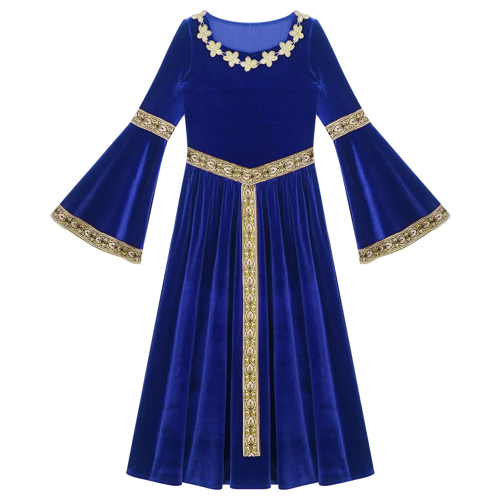 Kids Girls Medieval Renaissance Princess Costume Velvet Long Flare Sleeve Vintage Dress Gown Carnival Party Cosplay Dress Up