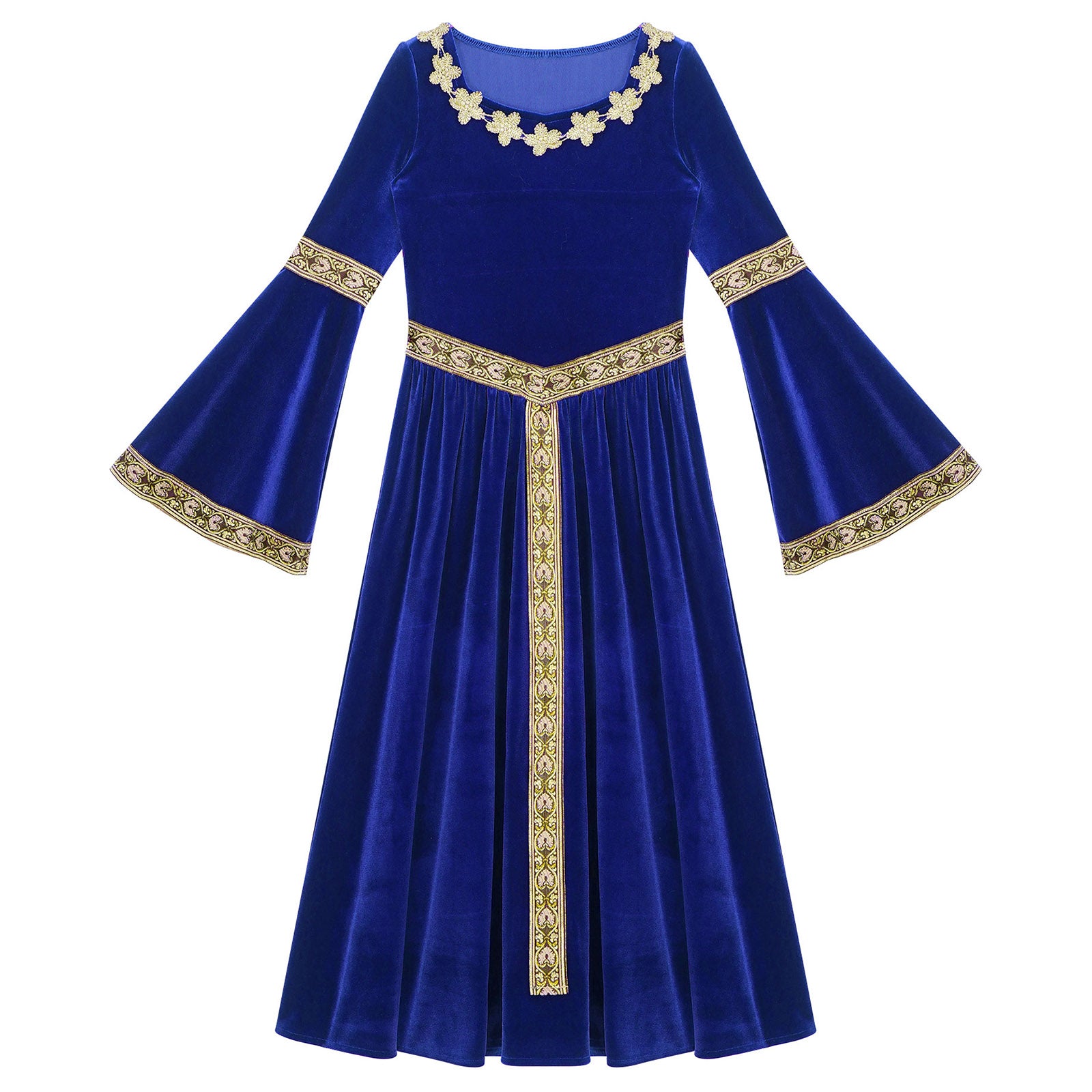 Kids Girls Medieval Renaissance Princess Costume Velvet Long Flare Sleeve Vintage Dress Gown Carnival Party Cosplay Dress Up
