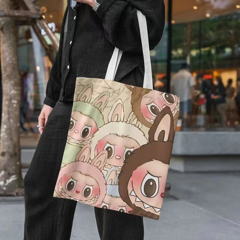 Lisa Same Labubu Canvas Bag Female Cute Cartoon Shopping HandBag Casual Student Shoulder Bag The Monsters Crossbody Bags